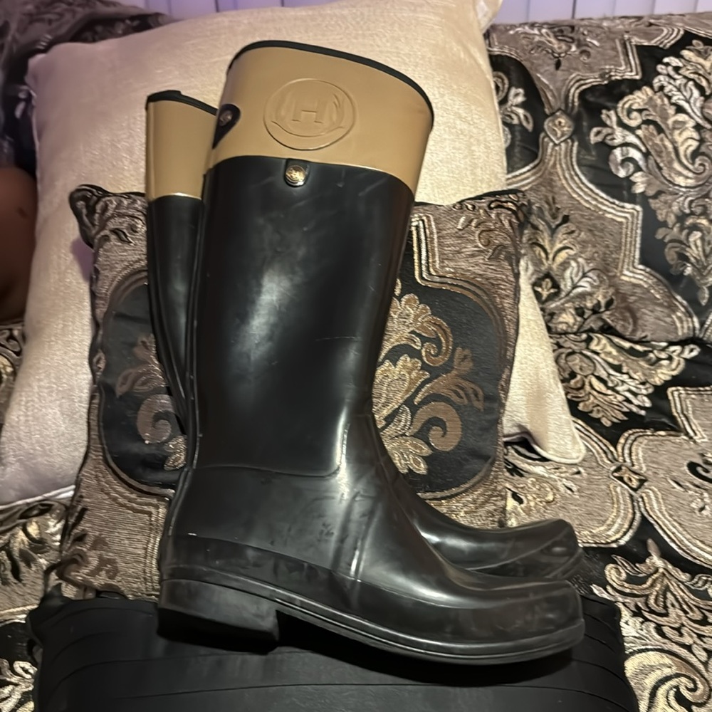 HUNTER Regent Carlyle Two Tone Riding Boots BLACK-CAMEL / SIZE 8